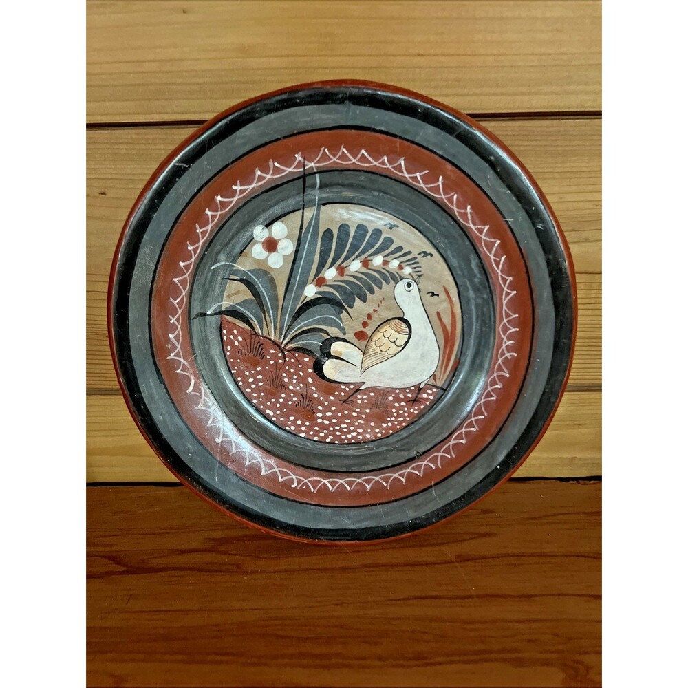 Vintage Jalisco 8" Pottery Plate Hand Painted Tonala Bird & Folk Border 1981